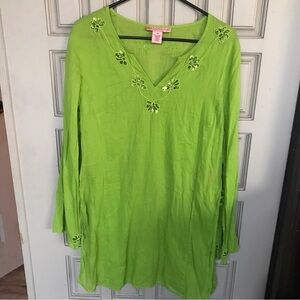Vintage Bandolino chartreuse, hippie shirt, deep, side, slits size 12 cotton